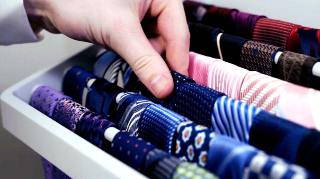 A person is picking a tie from a grey TieMaster tie rack filled with colourful ties.